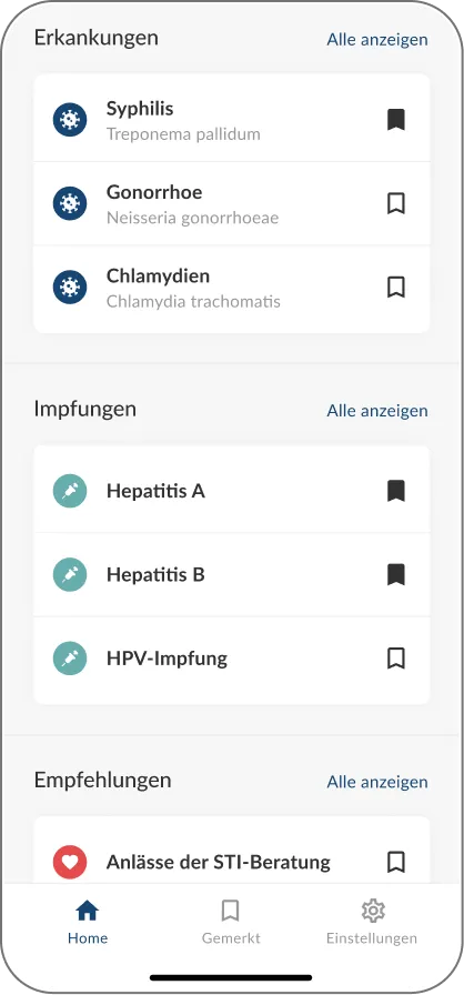 Homescreen der DSTIG-App mit Übersicht zu Erkrankungen, Impfungen und Empfehlungen als strukturierte Karten.