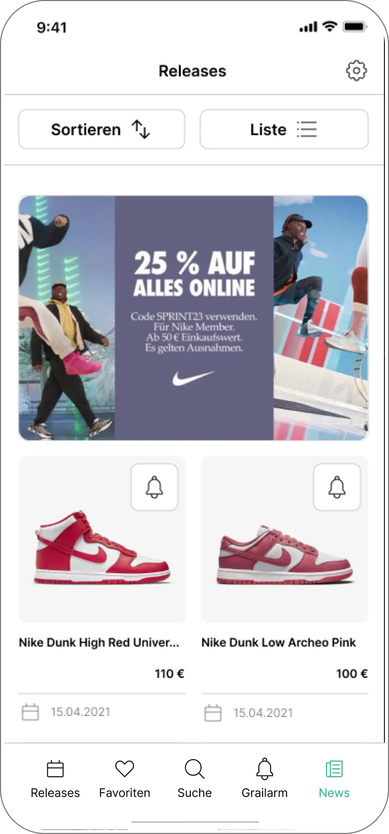 Homescreen der Grailify-App im Tab „Releases“ mit aktuellen Sneaker-Drops in einer Kachelübersicht.