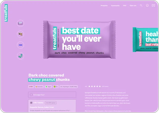 Produktdetailseite mit großem Produktvisual, kurzen Beschreibungen und klarer Kaufoption im Treatfuls-Shop.