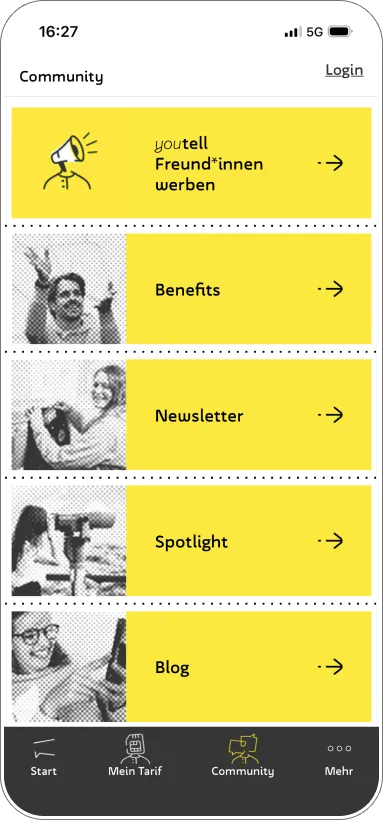 Community-Menü mit Einstiegen zu Freund*innen werben, Benefits, Newsletter, Spotlight und Blog.