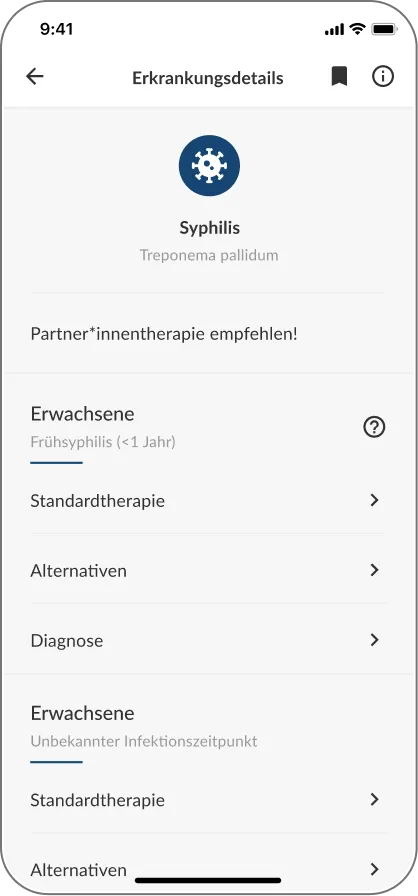 Detailansicht einer Erkrankung mit Informationen zu Diagnose sowie Standard- und Alternativtherapien.
