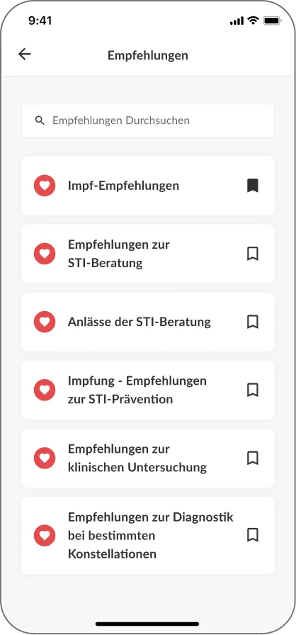 Empfehlungsübersicht der DSTIG-App mit thematischen Kacheln zu STI-Beratung, Prävention und Diagnostik.