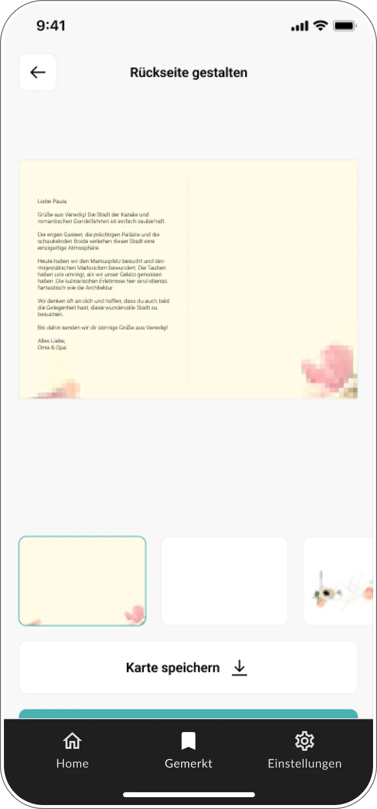 Bearbeitung der Kartenrückseite mit Text und Layoutoptionen vor dem Speichern oder Versenden.